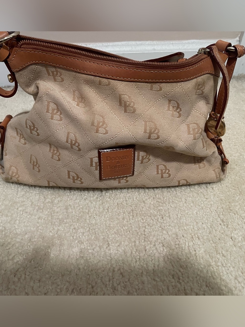 Dooney & Bourke Beige Logo Jacquard Shoulder Bag with Tan Trim